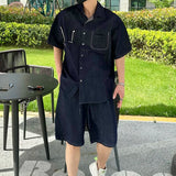 AIDASE  -  Fashion Male Denim Sets Short Sleeve Lapel Shirt Drawstring Shorts Summer New American Style Loose Men Two-piece 21E6480