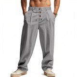 AIDASE  -  Men's High Waist Linen Wide Leg Pants with Button Detail Elastic Drawstring Casual Trousers for Men aidase-shop