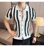 Aidase Slim Fit Men's Lapel Short Sleeve Shirt, Youth Stripes Cardigan, Stretchable, Breathable M-4XL Men's Striped Cardigan aidase-shop