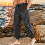 AIDASE  -  Men's Striped Linen Blend Beach Pants Elastic Waist Drawstring Casual Trousers aidase-shop