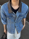 AIDASE  -  Casual Long Sleeve Leather Collar Outerwear Men Vintage Patchwork Buttoned Lapel Denim Coats Mens Spring Fall Fashion Outerwear aidase-shop