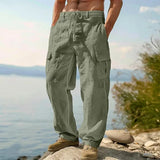 AIDASE  -  Men's Cotton Linen Cargo Pants Elastic Waist Drawstring Multi-Pocket Loose Wide Leg Casual Summer Trousers For Hiking Travel aidase-shop