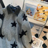 AIDASE  -  American Red Star Print Y2K Sweaters Women Patchwork Knitted Jumpers Tops Loose Female Design Turn Down Collar Pullovers Tops aidase-shop