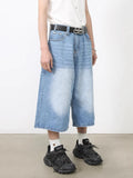 Aidase Retro Blue Brushed Denim Shorts Men Distressed Whiskers Wide Leg Pants Frayed Baggy Jeans Jorts Korean Y2k Streetwear