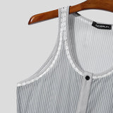 AIDASE  -  Men Bodysuits Lace Striped Patchwork O-neck Button Sleeveless Male Rompers Sexy 2025 Skinny Fashion Cozy Bodysuit Men aidase-shop