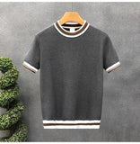 AIDASE  -  New Summer Men's Short-Sleeve Knitted Shirt Crew Neck Top Color-Blocked Striped Ice Silk Breathable Slim Fit Business T- Shirt aidase-shop