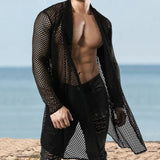 Aidase Sexy Hollow Out Loose Cardigan Shawl Mens Spring Summer Long Sleeve Beach Shirts Mesh Perspective Long Coat Cloak Streetwear