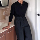 AIDASE  -  Spring Autumn Fashion Men's Polo Shirts Knitted Long Sleeve Button-up Polo Neck Tops Vintage Solid Color Mens Pullover Tops aidase-shop