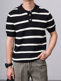 AIDASE  -  Stylish Striped Knitted Polo Shirt Men Vintage Buttoned Lapel Jumpers Summer Stylish Mens Short Sleeve Slim Polos Knitting Tops aidase-shop