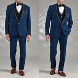 AIDASE  -  Men's Suit 3 Pieces Navy Blazer Vest Pants One Button Sequins Sheer Satin Lapel Business Wedding Groom Tailored Costume Homme aidase-shop