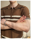 AIDASE  -  Summer Striped Knitted Shirt for Men, Business Casual Short Sleeve POLO, Half-Zip Breathable T-Shirt.Stretchable aidase-shop