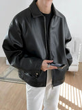 AIDASE  -  Black PU Leather Oversized Coats Collar Zip-Up Men's Jacket Korean Style Faux Leather Casual Bomber Biker Jacket aidase-shop