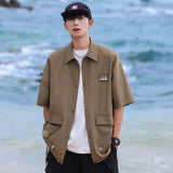 Aidase Summer Lapel Retro All-Match Shirt Men Big Pocket Design Versatile Shirts Loose Suit Solid Color Half-Sleeve High Quality Blouse aidase-shop