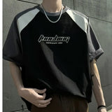 24.43Aidase Summer New High Street Trendy Splicing Round Neck Short Sleeve Men and Women Retro Letter Printed Loose Casual T-shirt Top y2k aidase-shop