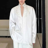 AIDASE  -  Pearl Flower Design Men's Shirts Stand Collar Diamond Solid Color Long Sleeve Cloth Loose Covered Button Male Tops