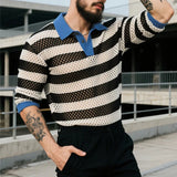 AIDASE  -  Men Shirt Striped Patchwork See Through Lapel Half Sleeve Hollow Out Male Shirts Streetwear Tops Fashion Men Clothing