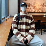 40.41Aidase American High Street Trendy Men and Women Personalized Striped Round Neck Knitted Sweater Couple Loose Retro Simple Casual Top aidase-shop