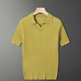 AIDASE  -  Men's Clothing Light Luxury Knitted Polo Shirt Casual Stripe V-Neck Solid Color Short Sleeve T-Shirt Breathable Fashion Knitwear aidase-shop