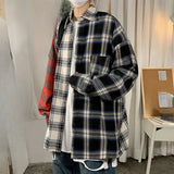 AIDASE  -  Men's Checkered Long Sleeved Shirt Contrasting Color Splicing Design Thin Shirt Jacket American Retro Male Top aidase-shop