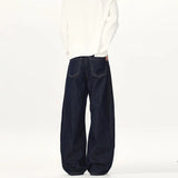AIDASE  -  American New Fashion Men's Dark Blue Casual Trendy Simple Basic Solid Color Daily Wide Leg Straight Denim Trousers Male Jeans aidase-shop