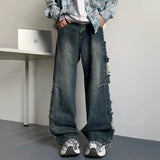 AIDASE  -  American Style Men's Jeans Trendy High Waist Washed Side Big Ripped Straight Wide Leg Design Fashion Denim Pants 21E7423 aidase-shop