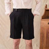 AIDASE  -  Italian Style Naples Shorts Men Summer Seersucker High Waisted Paris Buckle Suit Middle Pants England Business Casual Shorts aidase-shop
