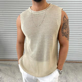 Aidase Knitwear Men Casual Tank Tops Pure Color Hollow Out Vintage Men Knit Camisole Sleeveless O Neck Leisure T Shirt Male Streetwear aidase-shop