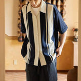 Aidase  Men Trendy Japanese Style Vintage Striped Patchwork Button Down Shirt New Summer Youth Harajuku Y2K Short Sleeve Loose Tops aidase-shop
