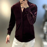 AIDASE  -  Retro Velvet Shirt For Men Spring Autumn V-neck Long Sleeve Versatile Top Fashion Light Luxury Vintage Mature Shirts Streetwear aidase-shop