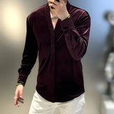 Aidase Retro Velvet Shirt For Men Spring Autumn V-neck Long Sleeve Versatile Top Fashion Light Luxury Vintage Mature Shirts Streetwear