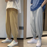 AIDASE  -  Ice Silk Student Solid Color Straight Tube Loose Wide Leg Bundle Foot Casual Nine Point Pants Sports Men's Pan Men's Summer Thin aidase-shop