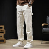 AIDASE  -  White Workwear Thigh Patch Jeans Men's New Woodcutter Rivet Straight Denim Pants Spring Autumn American Retro Cotton Cargo Pants aidase-shop