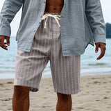 AIDASE  -  Summer stripe Linen Casual Shorts Men drawstring Loose Straight Short Pants Fashion holiday hawaiian Thin Beach Shorts aidase-shop