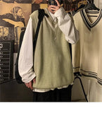 AIDASE  -  Autumn Winter V-neck Knitted Sweater Vest Men Oversized Loose Sleeveless Pullover Tops Men's Korean Warm Sweaters Tank Tops aidase-shop