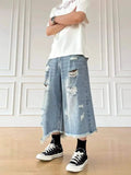AIDASE  -  American Style Washed Ripped Male Denim Shorts Casual Loose Wide Leg Tassel Pants High Street Fashion Men's Clothes 21E6544 aidase-shop