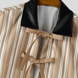 AIDASE  -  Men Shirt Striped Patchwork Lapel Short Sleeve Lace Up Men Clothing Summer Loose Streetwear Fashion Casual Tops Men aidase-shop