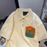 Aidase Personalized Tulip Graphic Embroidery Polo Short Sleeved T-shirt for Men and Women Summer Loose Retro Loose Casual Y2k Harajuku aidase-shop