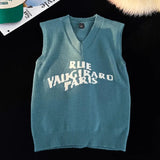 AIDASE  -  V-neck Sweater Vest Men's Fall Winter Trend Casual College Style Men's Vest A Base Embroidered Letter Sweater Vest Comfortable aidase-shop