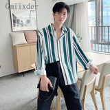 AIDASE  -  Green Striped Shirt Men Long-sleeve Blouse Handsome Hong Kong Style Print Blouse Streetwear Loose Spring Autumn Jacket aidase-shop