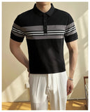 AIDASE  -  Summer New British Slim-Fitting Gray and White Striped Short-Sleeved Polo Shirt Men's T-shirt aidase-shop