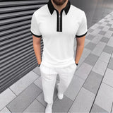 AIDASE  -  Summer Men's POLO Shirt Zipper Contrasting Color Lapel Short-sleeved Top Casual Solid Color Trousers Set aidase-shop