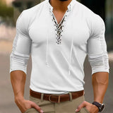 AIDASE  -  Spring Autumn Men T-Shirts Mesh Patchwork Long Sleeve Top Tees Solid Lace Up V-Neck Casual Bottom Blouse Men Tees Tops aidase-shop