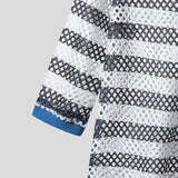 AIDASE  -  Men Shirt Striped Patchwork See Through Lapel Half Sleeve Hollow Out Male Shirts Streetwear Tops Fashion Men Clothing aidase-shop