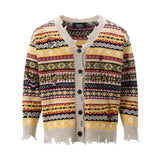 Aidase Retro Rainbow Striped Cardigan Sweater Men's Autumn New Trendy Su Outwear Y2k Knitwears Oversize Raw Edges Frayed Sweatercoat aidase-shop