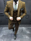 Aidase Plaid Stripes Men' s Suit 3 Pieces Blazer Vest Pants One Button Peaked Lapel Dark Yellow Fashion Business Modern Wedding Groom