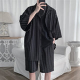 AIDASE  -  Summer Shirt Set Men Oversized Fashion Society Mens Black Formal Sets Korean Loose Casual White Striped Set Mens Plus Size 5XL aidase-shop