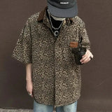 AIDASE  -  Men Vintage Leopard Print Contrast Color Corduroy Shirt Summer Casual Streetwear Y2K Oversized Short Sleeve Tops Ropa De Hombre aidase-shop