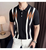 AIDASE  -  Contemporary Men's Polo: White Shirt with Earth-Tone Geometric Lines | Office-to-Outing Versatility M-4XL aidase-shop