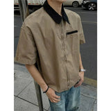 AIDASE  -  Heavyweight Japanese Style Zipper Workwear Short Sleeve Shirt Men Summer Loose Fit American Retro Detroit Jacket Casual Shirt aidase-shop