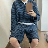 AIDASE  -  Men Striped Sets Vintage Long Sleeve T Shirts & Shorts Two Pieces Sets Streetwear Loose Korean Style Fashion Men Suits
